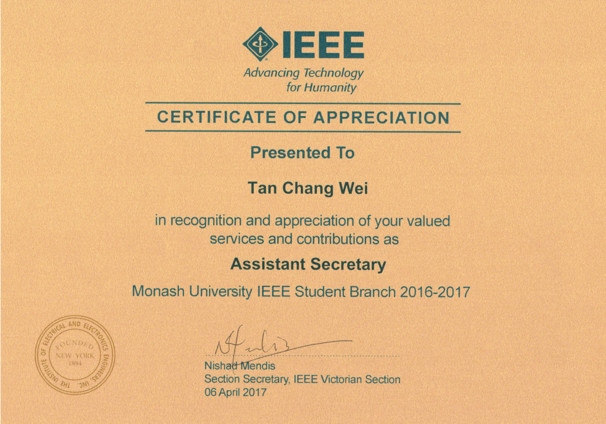 Assistant secretary, Monash IEEE student branch certificate